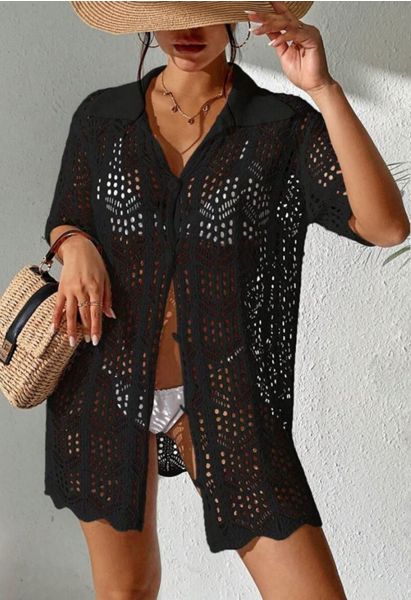 Boho Beach Crochet Buttoned Cover-Up in Black