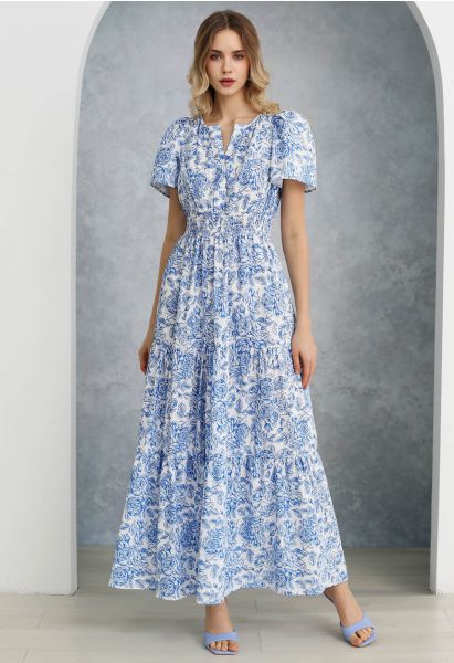 Ebullient Blue Flower Printed Maxi Dress