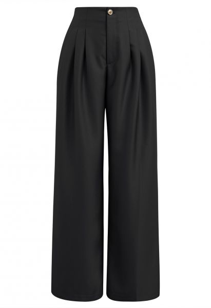Polished Pleat Detail Straight-Leg Pants in Black