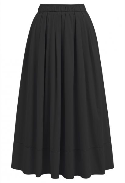 Inseam Pockets Cotton Flare Midi Skirt in Black
