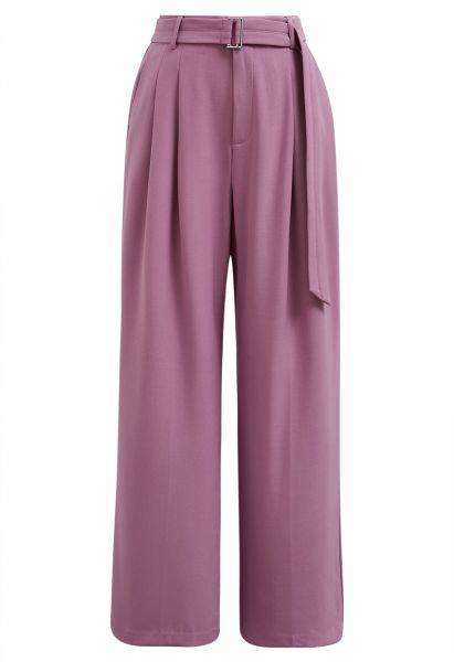 Belted Side Pocket Pleated Pants in Purple