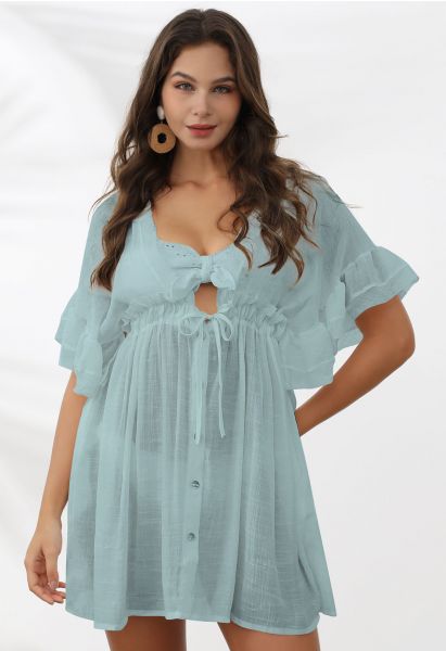 Deep V-Neck Flounce Sleeve Buttoned Cover-Up in Dusty Blue