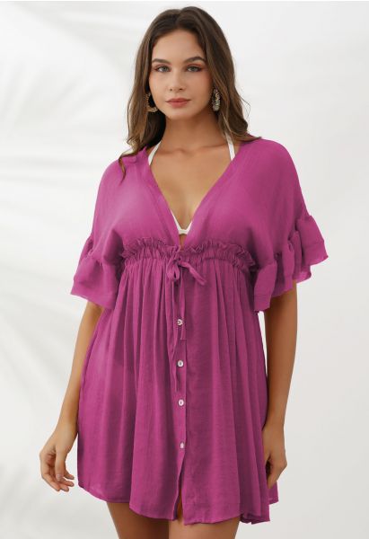 Deep V-Neck Flounce Sleeve Buttoned Cover-Up in Purple
