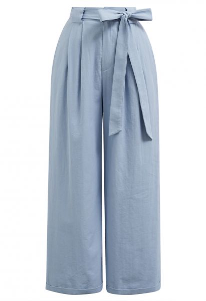 Bow Tie Sash Pleated Wide-Leg Pants in Blue