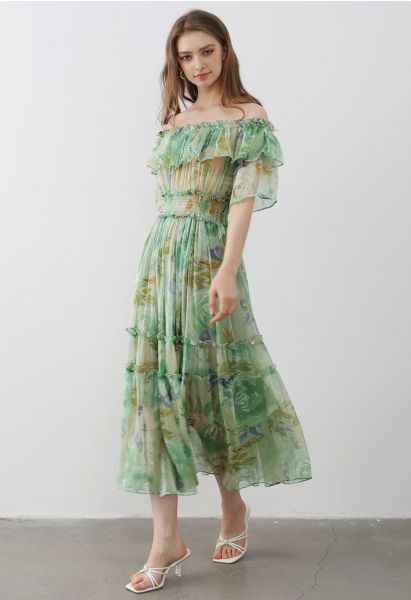 Summer Days Floral Off-Shoulder Ruffle Tiers Chiffon Dress in Green