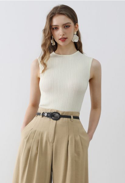 Minimalist Ribbed Texture Sleeveless Knit Top in Cream