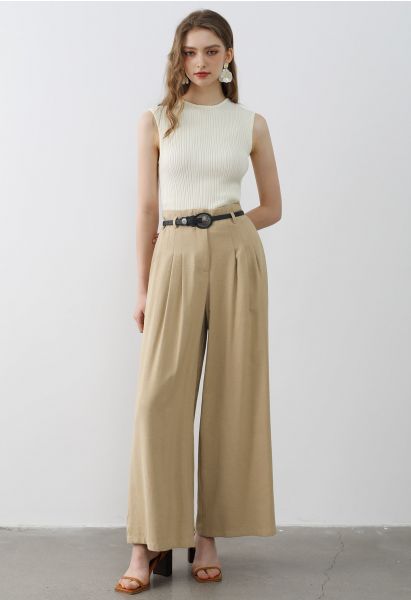 Old-Fashioned Belt Linen-Blend Palazzo Pants in Camel
