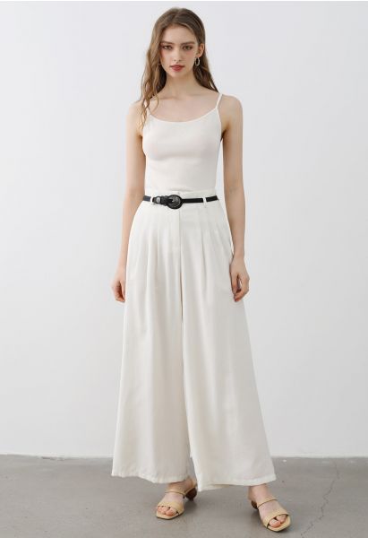 Old-Fashioned Belt Linen-Blend Palazzo Pants in White