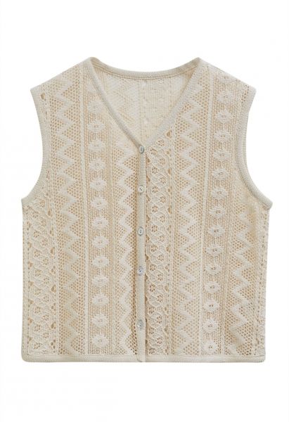 V-Neck Openwork Cotton Vest in Camel