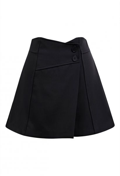 High Waist Buttoned Flap Skorts in Black