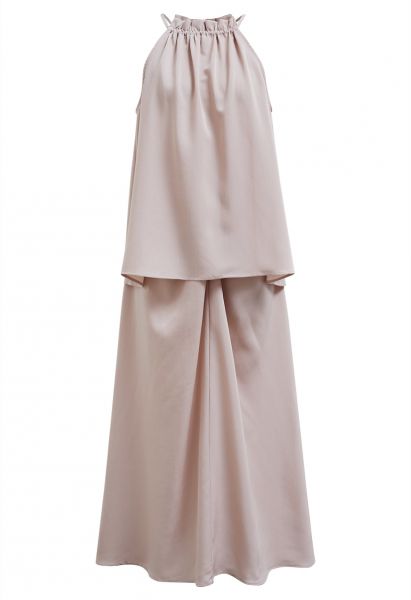 Ruffle Halter Top and Twist Front Maxi Skirt Set in Nude Pink