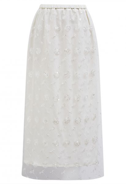 Sequined Dandelion Mesh Midi Skirt in Ivory