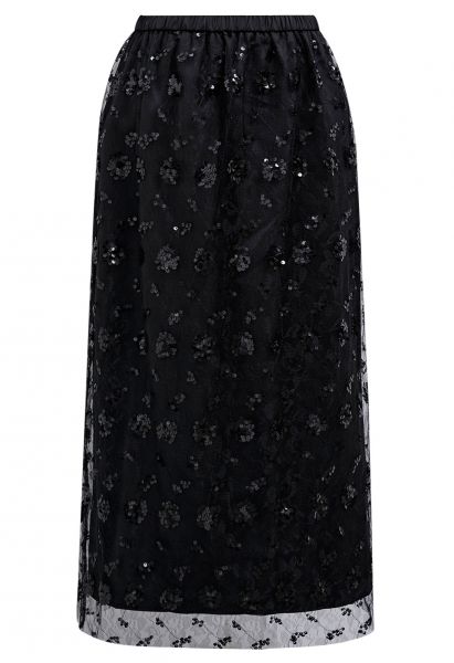 Sequined Dandelion Mesh Midi Skirt in Black