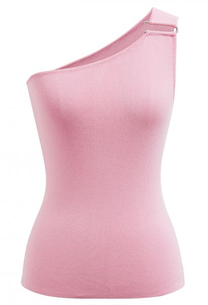 U-Shaped Metal Decor One-Shoulder Knit Top in Pink