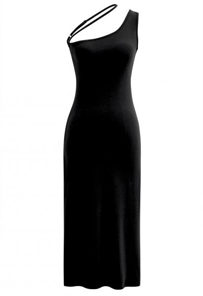 Oblique One Shoulder Bodycon Midi Dress in Black