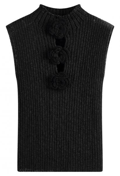 3D Crochet Flower Sleeveless Knit Top in Black