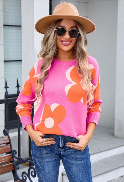 Flowering Day Jacquard Knit Sweater in Hot Pink