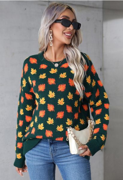Maple Leaf Long Sleeves Oversized Knit Sweater in Green