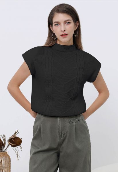 Mock Neck Padded Shoulder Cable Knit Top in Black