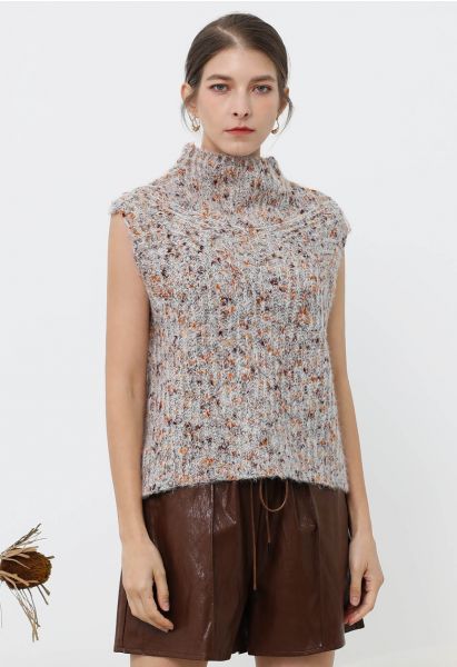 Fuzzy Mix-Knit Mock Neck Sleeveless Top in Oatmeal