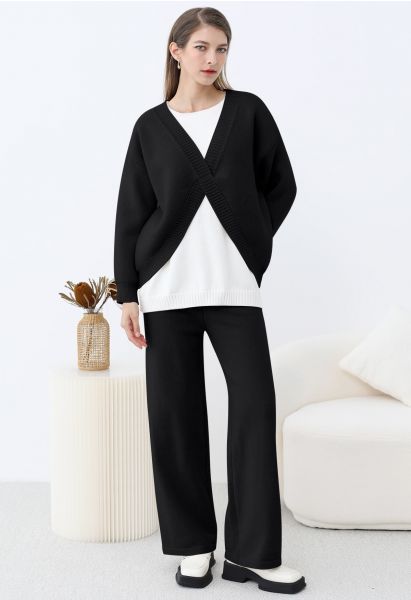 Leisurely Fake Two-Piece Knit Sweater and Pants Set in Black