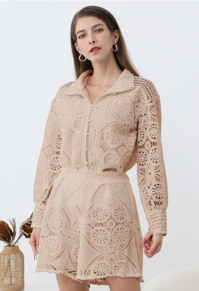 Guipure Lace Buttoned Shirt and Shorts Set in Apricot