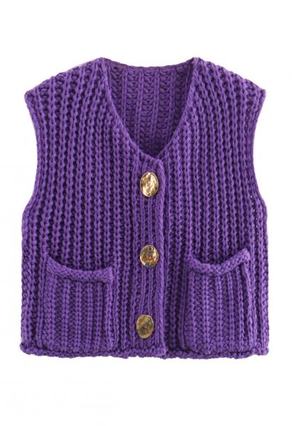 Bold Golden Buttons Patch Pocket Chunky Knit Vest in Purple