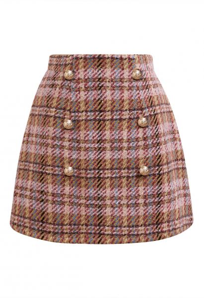 Golden Buttons Pink Plaid Wool-Blend Mini Skirt