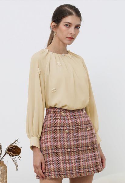 3D Floret Pearly Cutout Puff Sleeve Shirt in Mustard