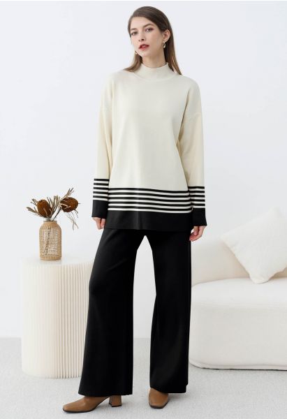 Two-Tone Striped Mock Neck Knit Sweater and Pants Set in Black