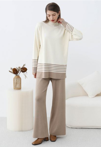 Two-Tone Striped Mock Neck Knit Sweater and Pants Set in Taupe