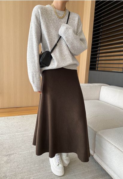 Solid Color A-Line Knit Midi Skirt in Brown