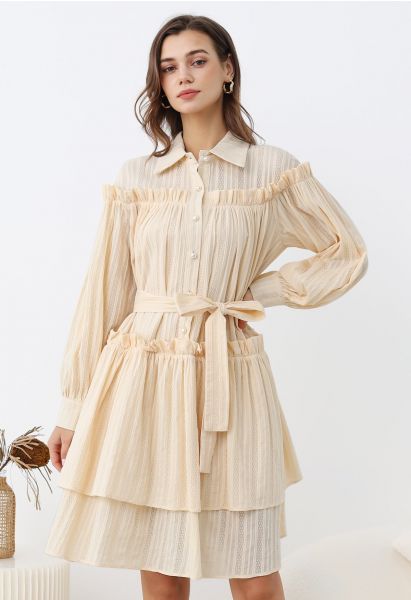 Ruffles Tiered Buttoned Belted Dolly Dress in Light Yellow