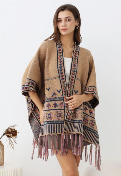 Boho Wanderer Fringed Knit Poncho in Camel