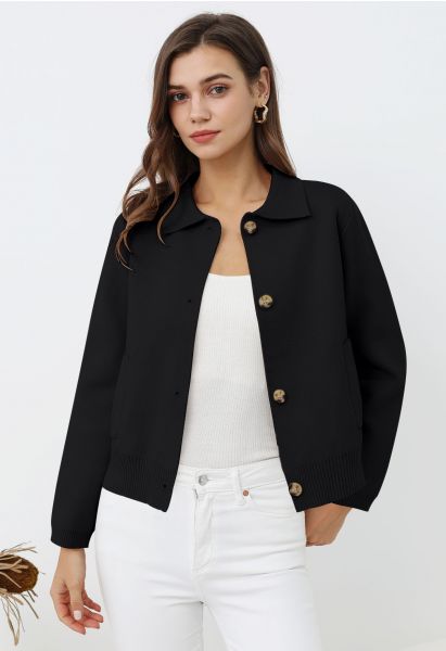 Classic Collar Button Down Knit Jacket in Black