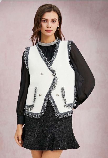 Fringe Edge Double-Breasted Knit Vest in White