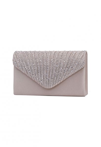 Rhinestone Embellished Satin Envelope Bag in Apricot