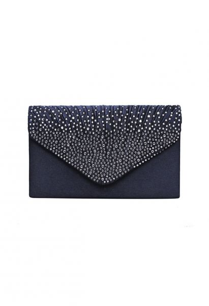 Rhinestone Embellished Satin Envelope Bag in Navy