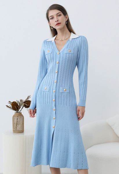 Attractive Stud Button V-Neck Collared Midi Dress in Blue