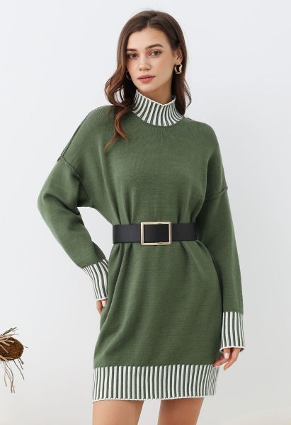 Contrast Stripe Mock Neck Knit Sweater Dress in Green