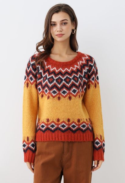 Nordic Charm Fair Isle Knit Sweater in Orange