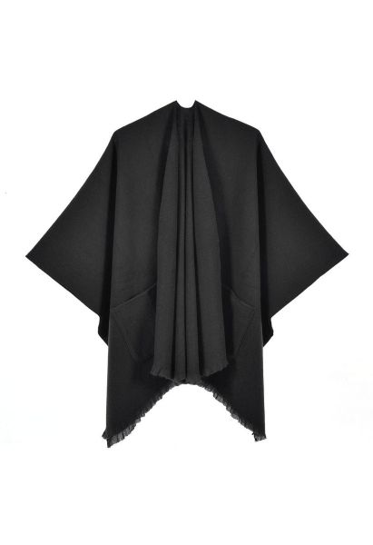 Whisper Soft Pocket Fringed Hem Poncho in Black