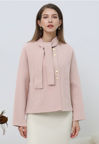 Detachable Tie-Neck Golden Button Knit Coat in Pink