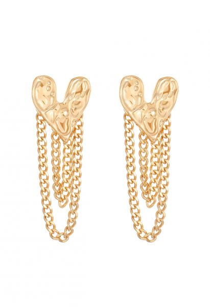 Heart Tassel Chain Earrings in Gold