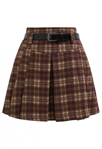 Pretty Plaid Box Pleat Belted Mini Skirt in Plum