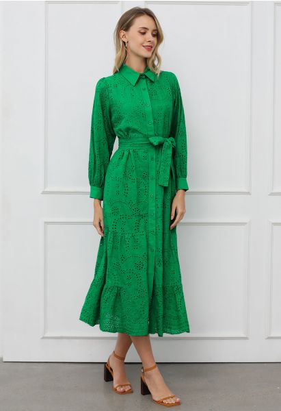 Delicate Eyelet Embroidery Tie-Waist Buttoned Midi Dress in Green