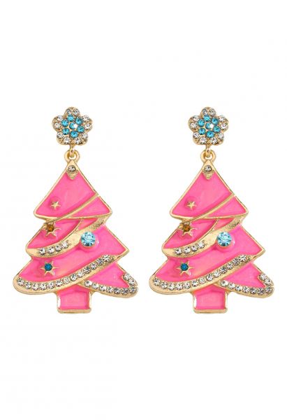 Shiny Pink Christmas Tree Earrings