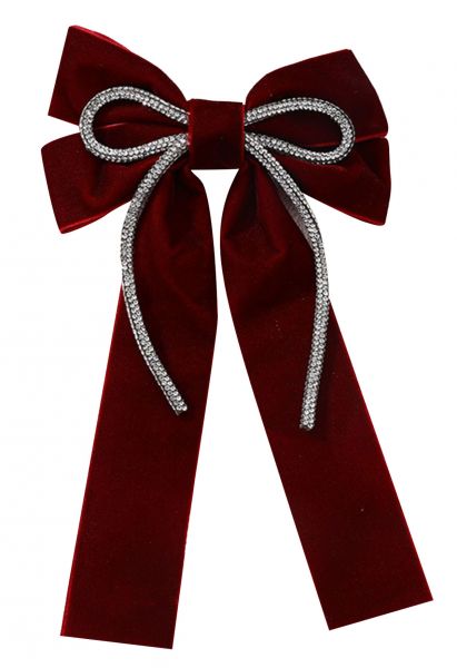 Rhinestone Decor Velvet Bowknot Hair Clip in Burgundy