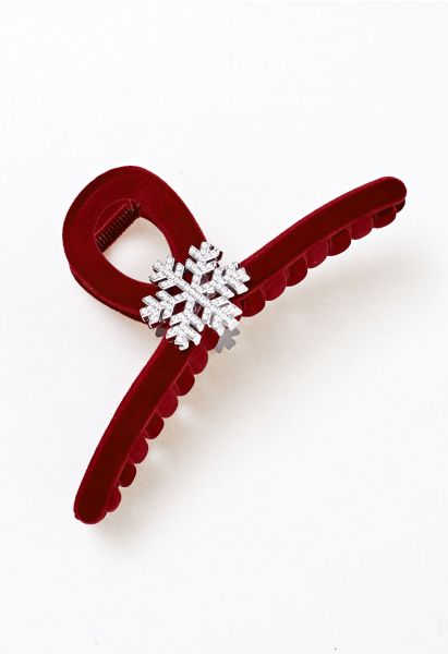 Rhinestone Snowflake Velvet Hair Claw in Burgundy