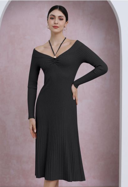 Self-Tie Halter Off-Shoulder Ribbed Knit Midi Dress in Black